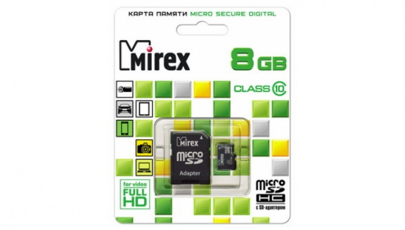 Карта памяти MIREX micro-sd (Class 10) 8GB+адаптер
