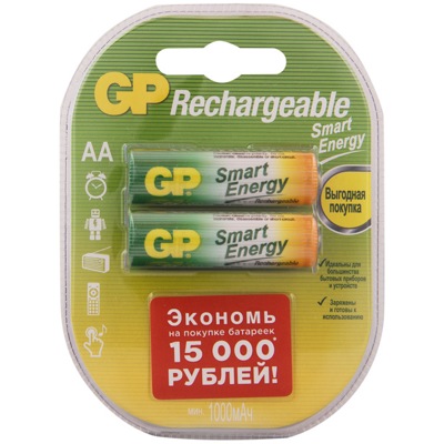 Аккумулятор GP 1000mAh АА NiMh тип AA R06 LR6 LR06 (2 шт. в одной упаковке) - фото