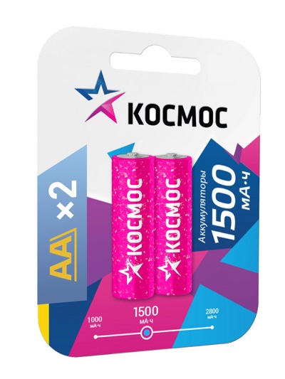 Аккумулятор КОСМОС 1500mAh АА NiMh тип AA R06 LR6 LR06 (2 шт. в одной упаковке) - фото