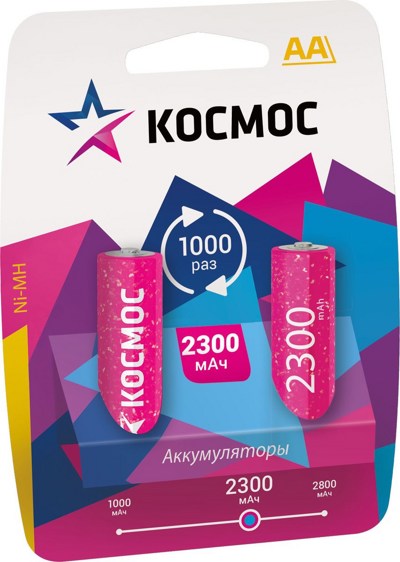 Аккумулятор КОСМОС 2300mAh АА NiMh тип AA R06 LR6 LR06 (2 шт. в одной упаковке) - фото
