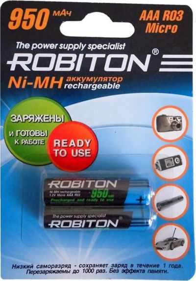 Аккумулятор Robiton 950 mAh ААА NiMh тип AAA R03 LR03 (2 шт. в одной упаковке) - фото